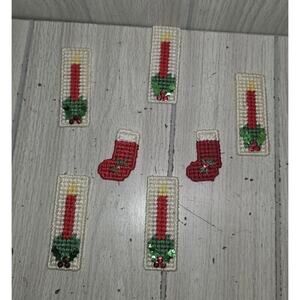 Vtg 80’s Handmade Christmas Cross Stitch Plastic Canvas Magnets Candles Stocking